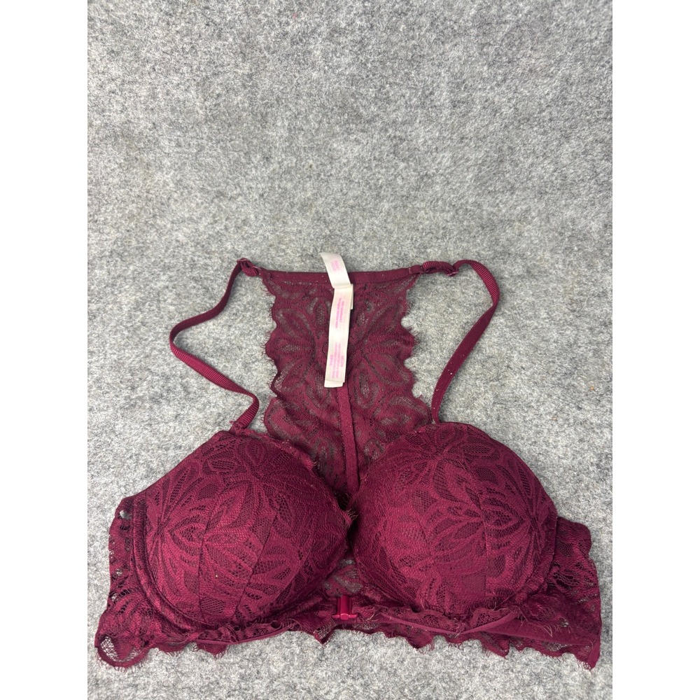 Victoria's Secret PINK Date Racerback Bra Womens 32C Burgundy Lace Push Up